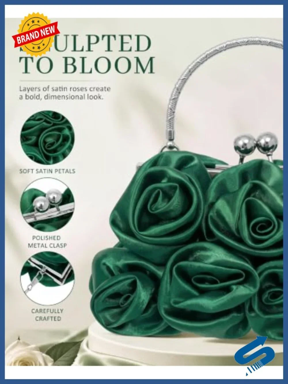 Satin Floral Evening Clutch Kiss Lock Wristlet Party Bag